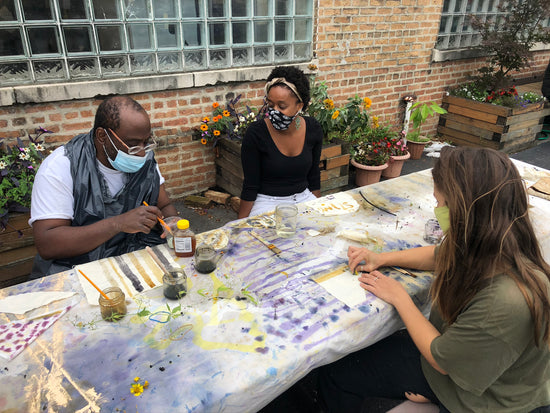 W.AR.P Residency.  I had the chance to spend 6 weeks working with the Weaving Mills dye garden. Through this residency I was able to facilitate weekly workshops with the residents at Envision Chicago, West town. Pictured above, William C and Abena paint 
